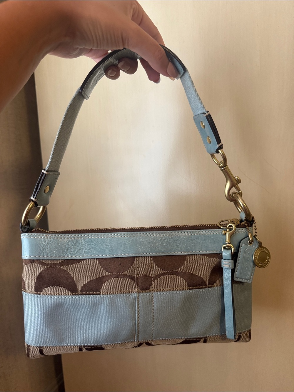 Coach Brown Signature Canvas Wristlet with Light Blue Trim